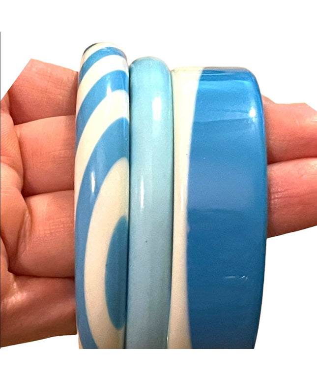 Vintage Mid Century plastic resin bracelets blue white bangles