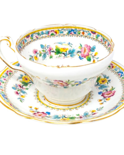 Antique Foley "Ming Rose" tea cup saucer chain
of summer flowers, vintage,1936
