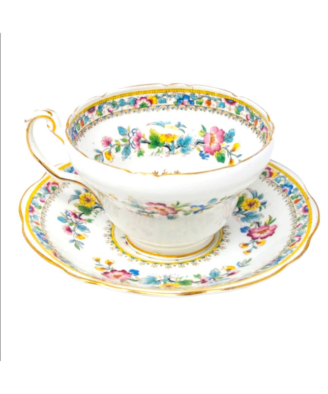 Antique Foley "Ming Rose" tea cup saucer chain
of summer flowers, vintage,1936