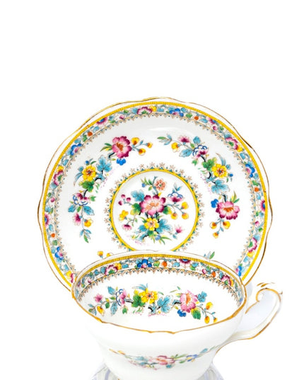 Antique Foley "Ming Rose" tea cup saucer chain
of summer flowers, vintage,1936