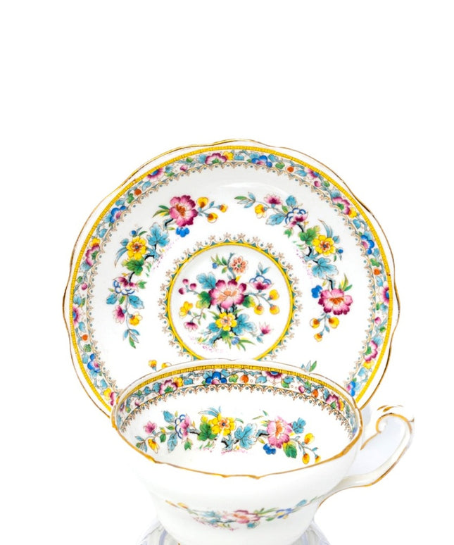 Antique Foley "Ming Rose" tea cup saucer chain
of summer flowers, vintage,1936