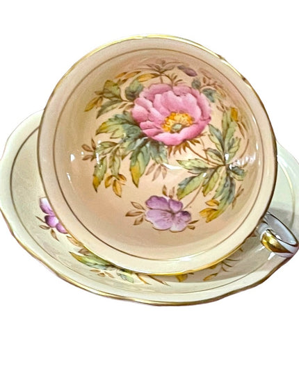 VINTAGE RARE FOLEY PINK PEACH WITH FLORAL ACCENT TEA CUP & SAUCER SET