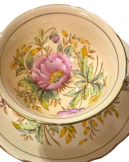 VINTAGE RARE FOLEY PINK PEACH WITH FLORAL ACCENT TEA CUP & SAUCER SET