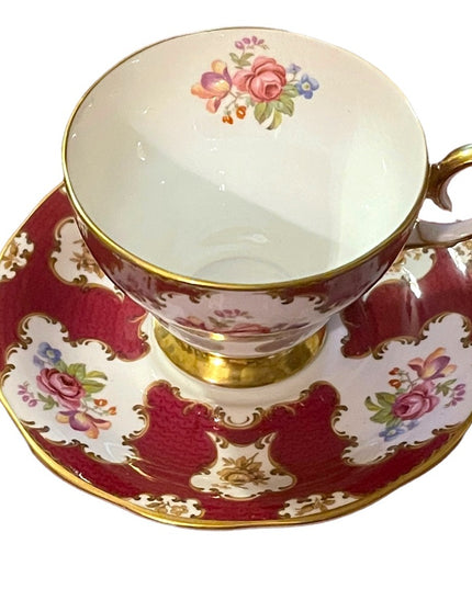 Queen Anne Cup & Saucer “Lady Eleanor" Burgundy Rose Floral; Vintage Tea cup