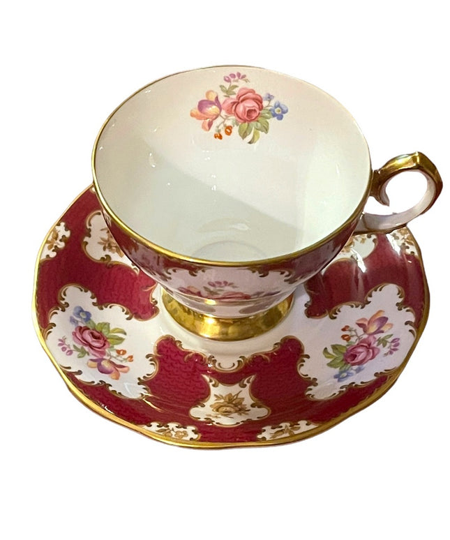 Queen Anne Cup & Saucer “Lady Eleanor" Burgundy Rose Floral; Vintage Tea cup