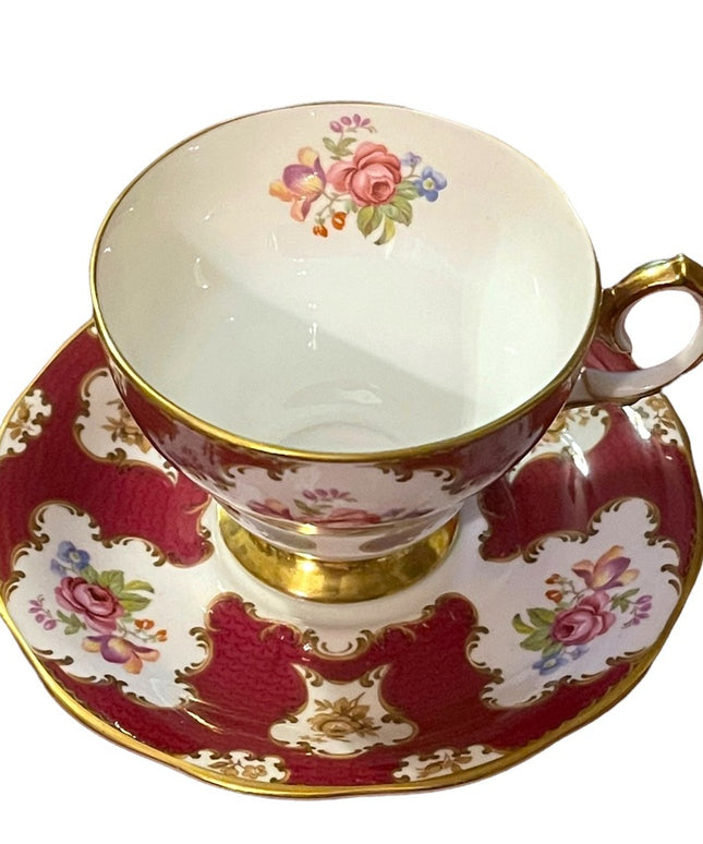 Queen Anne Cup & Saucer “Lady Eleanor" Burgundy Rose Floral; Vintage Tea cup
