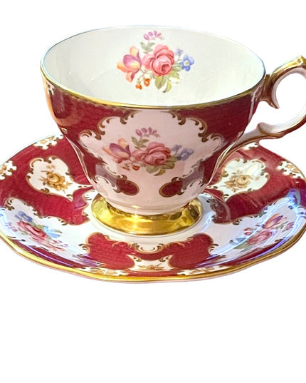 Queen Anne Cup & Saucer “Lady Eleanor" Burgundy Rose Floral; Vintage Tea cup