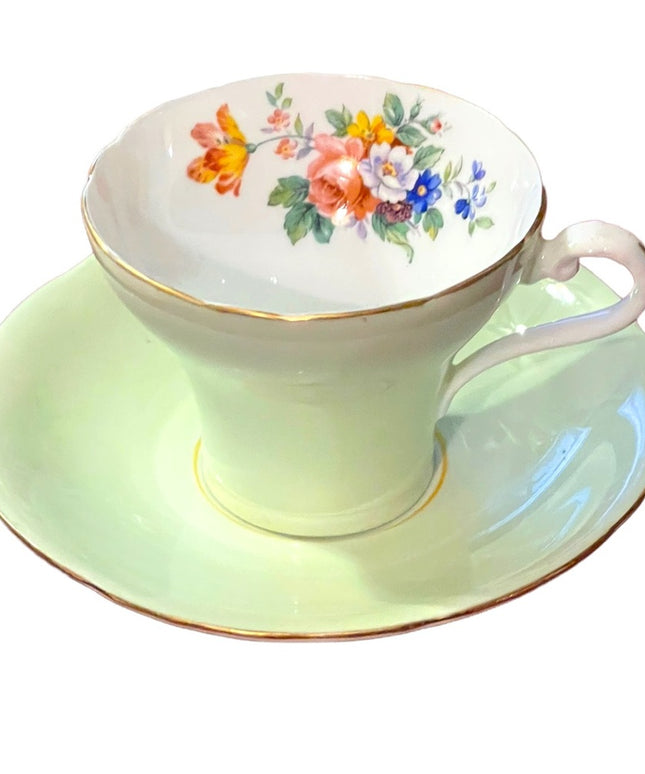 Vintage Aynsley Corset Waist Tea Cup Saucer pastel Green White Floral Detail