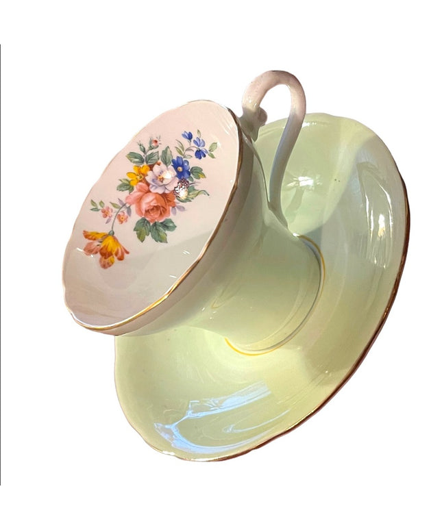 Vintage Aynsley Corset Waist Tea Cup Saucer pastel Green White Floral Detail