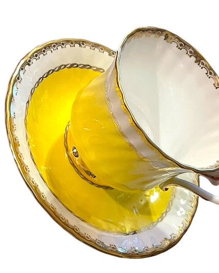 H M Sutherland Bone China Tea cup & Saucer Set, Yellow Band, Decor Trim, England