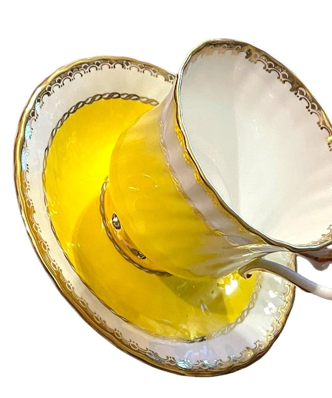 H M Sutherland Bone China Tea cup & Saucer Set, Yellow Band, Decor Trim, England