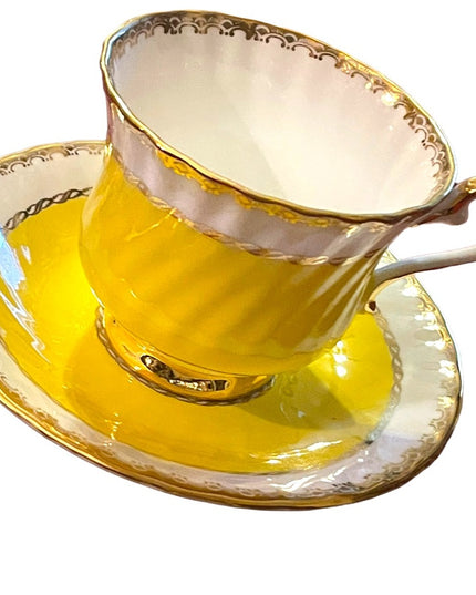 H M Sutherland Bone China Tea cup & Saucer Set, Yellow Band, Decor Trim, England