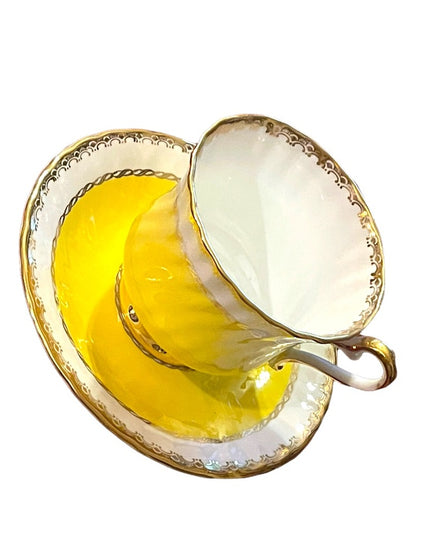 H M Sutherland Bone China Tea cup & Saucer Set, Yellow Band, Decor Trim, England