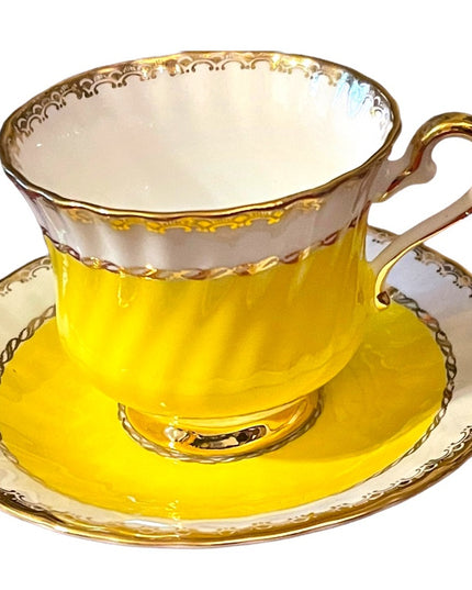 H M Sutherland Bone China Tea cup & Saucer Set, Yellow Band, Decor Trim, England