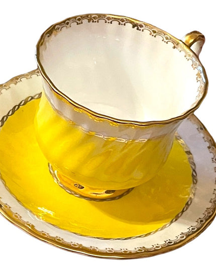 H M Sutherland Bone China Tea cup & Saucer Set, Yellow Band, Decor Trim, England