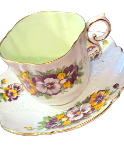 Aynsley English Tea cup  Saucer Pansy Pansies Teacup Collectible Vintage pastel