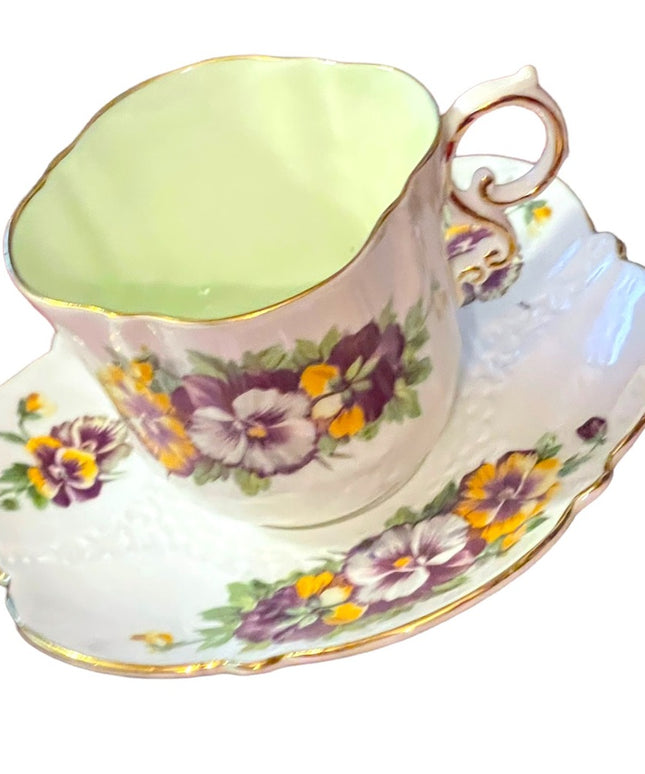 Aynsley English Tea cup  Saucer Pansy Pansies Teacup Collectible Vintage pastel