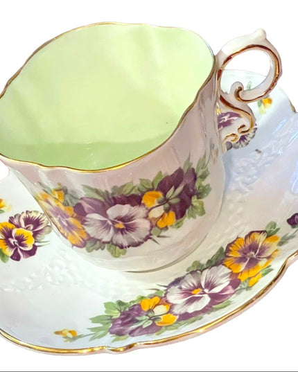 Aynsley English Tea cup  Saucer Pansy Pansies Teacup Collectible Vintage pastel