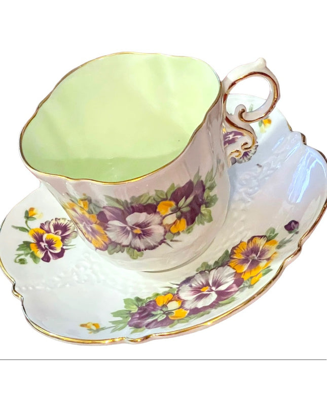 Aynsley English Tea cup  Saucer Pansy Pansies Teacup Collectible Vintage pastel