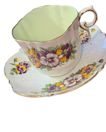 Aynsley English Tea cup  Saucer Pansy Pansies Teacup Collectible Vintage pastel