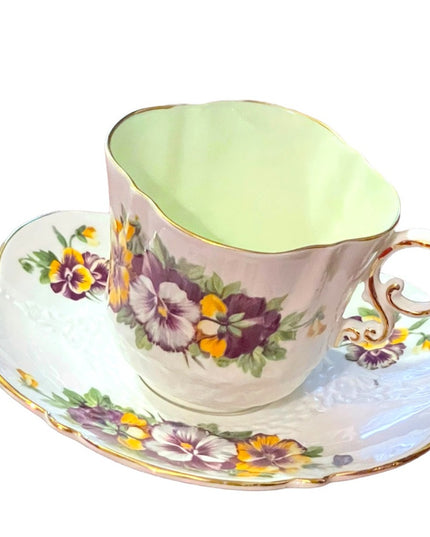 Aynsley English Tea cup  Saucer Pansy Pansies Teacup Collectible Vintage pastel