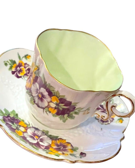 Aynsley English Tea cup  Saucer Pansy Pansies Teacup Collectible Vintage pastel