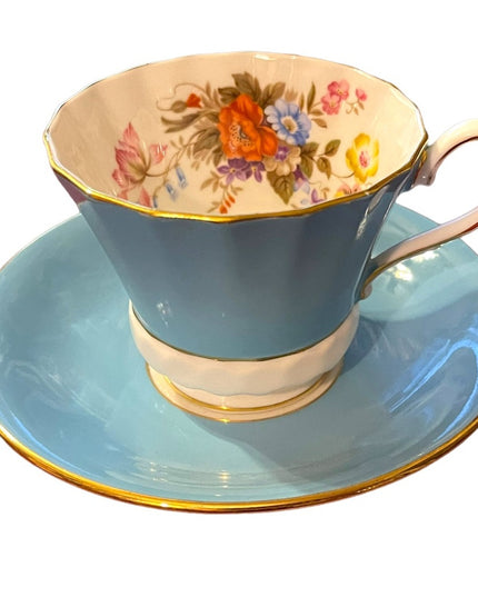 Vintage Aynsley English Bone China Tea cup saucer pastel blue floral print flowe