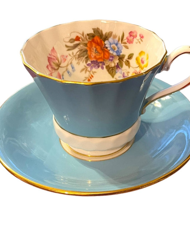 Vintage Aynsley English Bone China Tea cup saucer pastel blue floral print flowe