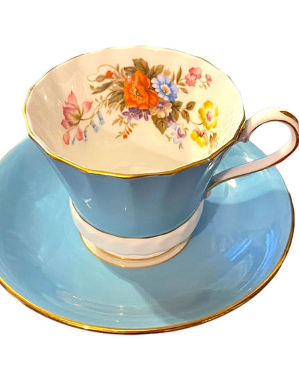 Vintage Aynsley English Bone China Tea cup saucer pastel blue floral print flowe