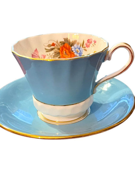 Vintage Aynsley English Bone China Tea cup saucer pastel blue floral print flowe