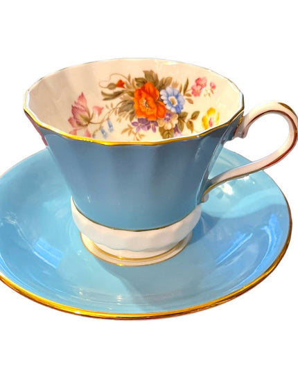Vintage Aynsley English Bone China Tea cup saucer pastel blue floral print flowe