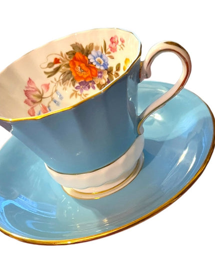Vintage Aynsley English Bone China Tea cup saucer pastel blue floral print flowe