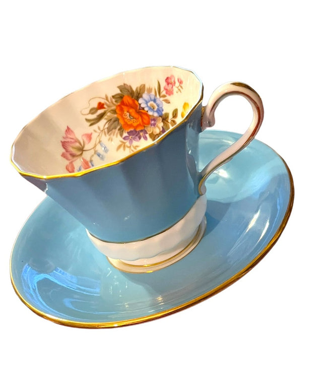 Vintage Aynsley English Bone China Tea cup saucer pastel blue floral print flowe