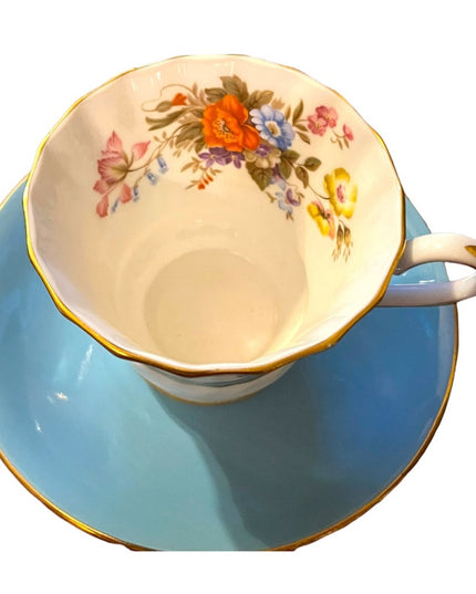 Vintage Aynsley English Bone China Tea cup saucer pastel blue floral print flowe