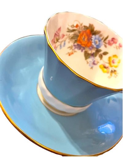 Vintage Aynsley English Bone China Tea cup saucer pastel blue floral print flowe
