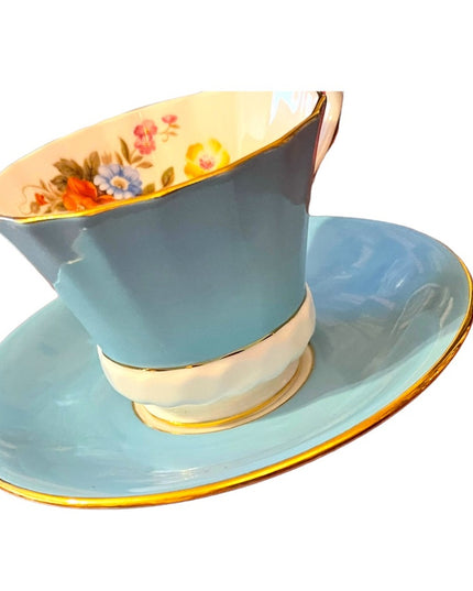 Vintage Aynsley English Bone China Tea cup saucer pastel blue floral print flowe