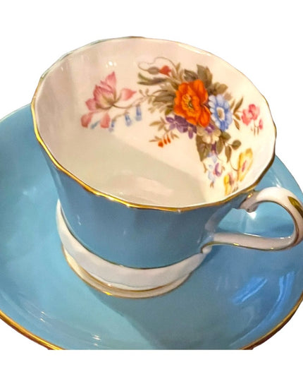 Vintage Aynsley English Bone China Tea cup saucer pastel blue floral print flowe