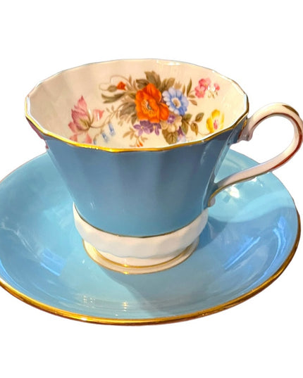 Vintage Aynsley English Bone China Tea cup saucer pastel blue floral print flowe