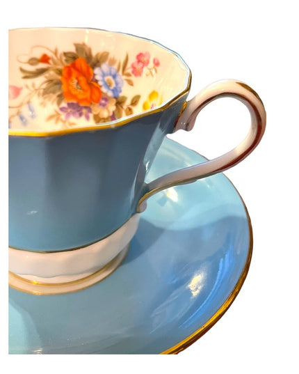 Vintage Aynsley English Bone China Tea cup saucer pastel blue floral print flowe