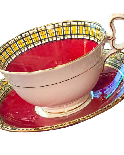Vintage Aynsley Burgundy wheat & plaid print gold finish tea cup saucer china