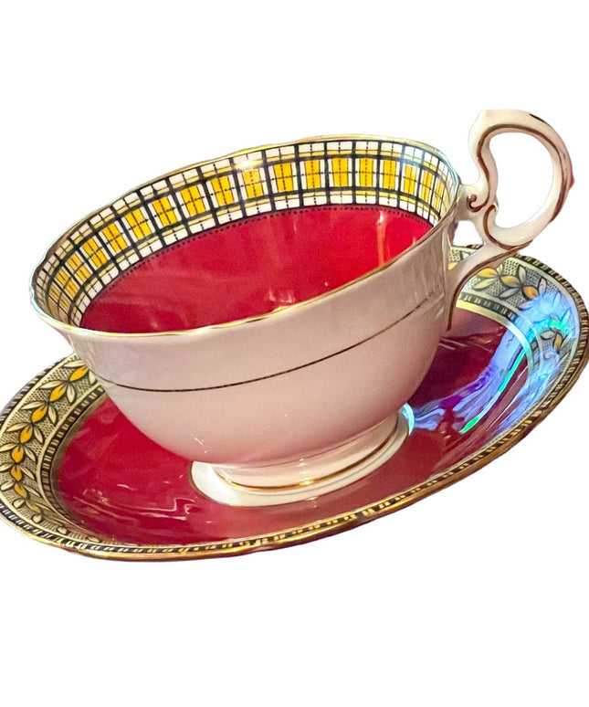 Vintage Aynsley Burgundy wheat & plaid print gold finish tea cup saucer china