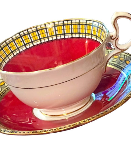 Vintage Aynsley Burgundy wheat & plaid print gold finish tea cup saucer china