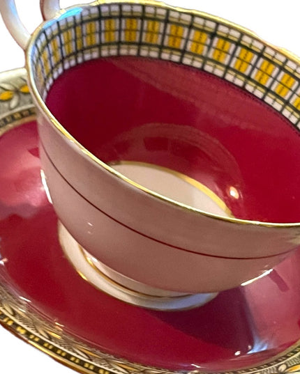 Vintage Aynsley Burgundy wheat & plaid print gold finish tea cup saucer china