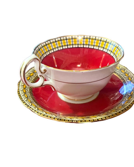 Vintage Aynsley Burgundy wheat & plaid print gold finish tea cup saucer china