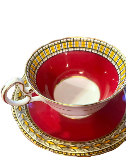 Vintage Aynsley Burgundy wheat & plaid print gold finish tea cup saucer china