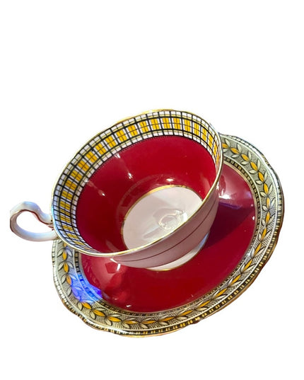 Vintage Aynsley Burgundy wheat & plaid print gold finish tea cup saucer china