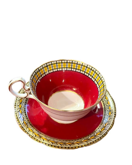 Vintage Aynsley Burgundy wheat & plaid print gold finish tea cup saucer china