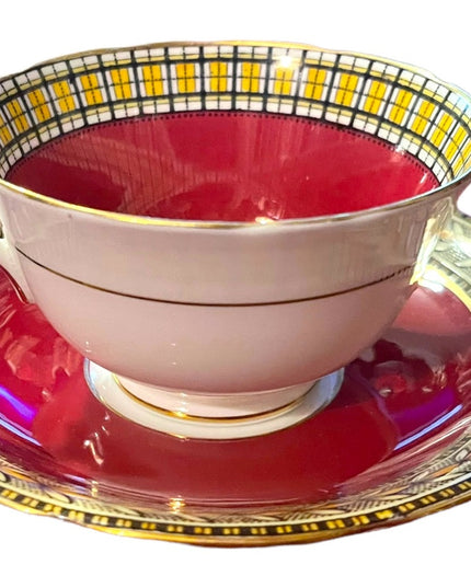 Vintage Aynsley Burgundy wheat & plaid print gold finish tea cup saucer china