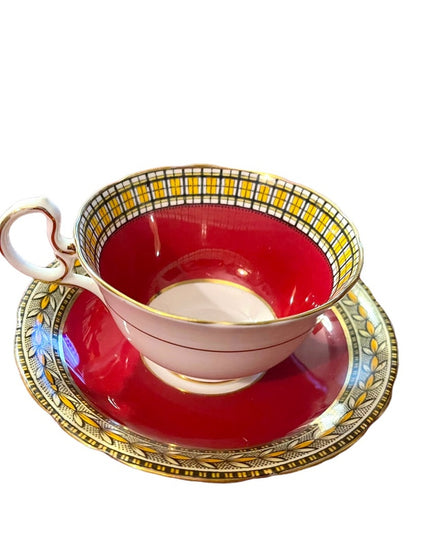 Vintage Aynsley Burgundy wheat & plaid print gold finish tea cup saucer china