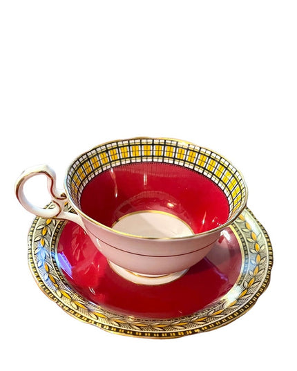 Vintage Aynsley Burgundy wheat & plaid print gold finish tea cup saucer china
